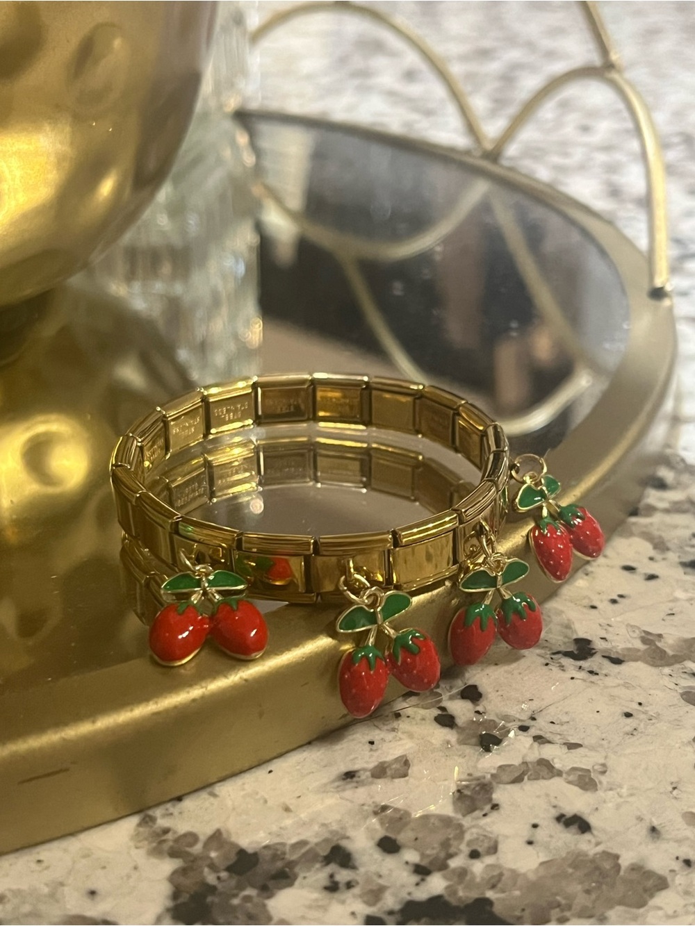Gold Stretch Bracelet with Red Strawberry Charms - Women Jewelry
